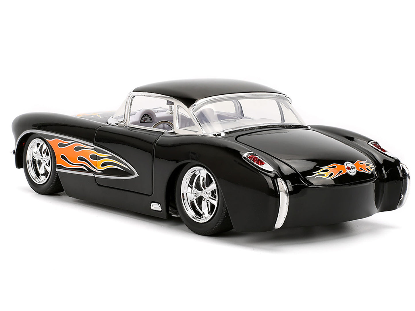1957 Chevrolet Corvette Black with Flame Graphics and White Interior "Bigtime Muscle" Series 1/24 Diecast Model Car by Jada <h2>1957 Jada</h2> <p>High-quality perfect for collectors enthusiasts. Featu
