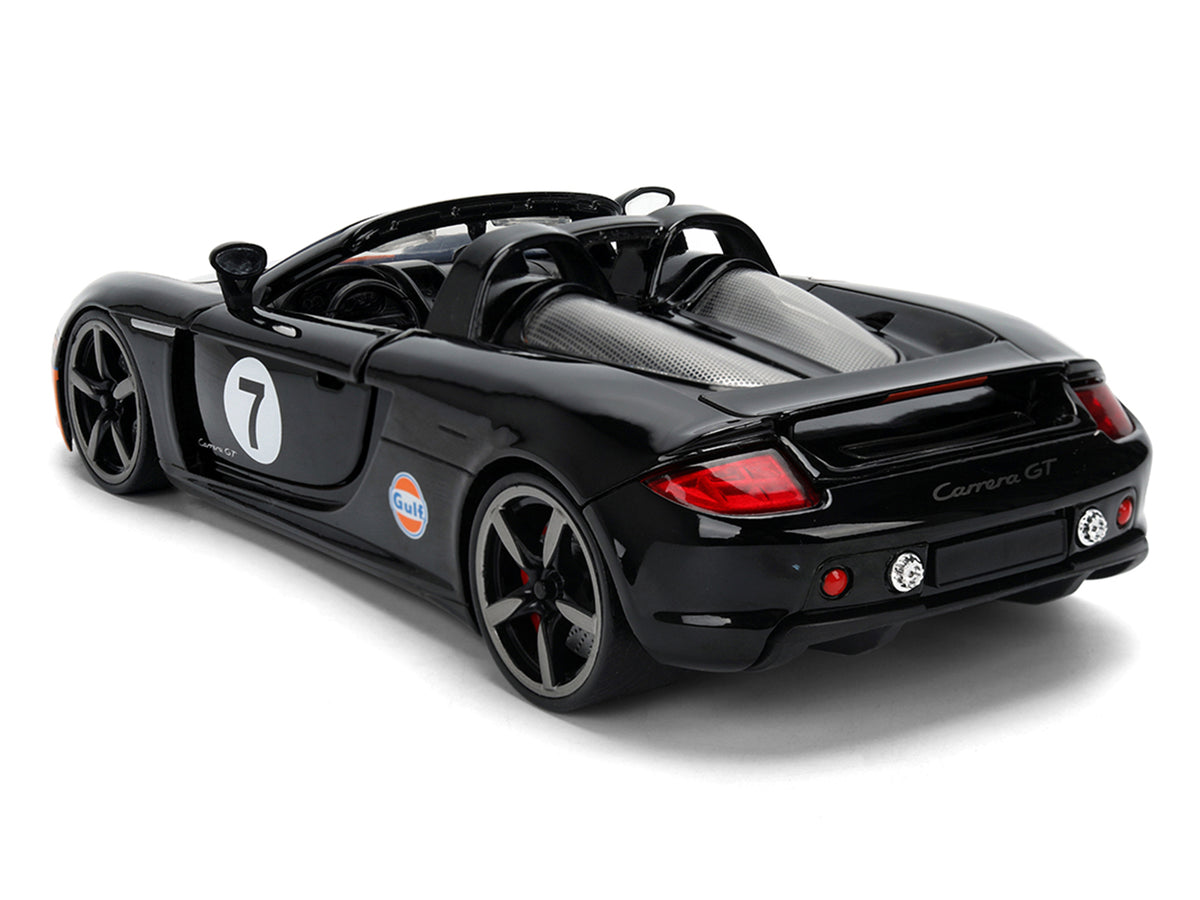 Porsche Carrera GT Convertible #7 "Gulf Oil" Black with Orange Graphics "Hyper-Spec" Series 1/24 Diecast Model Car by Jada
