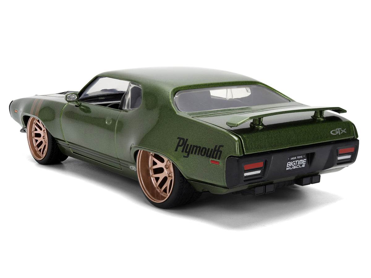 1972 Plymouth GTX Green Metallic with Matt Black Hood and Gold Stripes "Bigtime Muscle" Series 1/24 Diecast Model Car by Jada