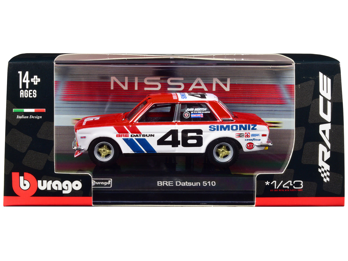 Datsun 510 #46 John Morton Red White 1/43 Diecast Model Car - Bburago
