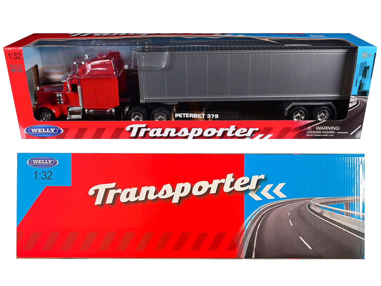 Peterbilt 379 Truck Red with Silver Container "Transporter" Series 1/32 Diecast Model by Welly