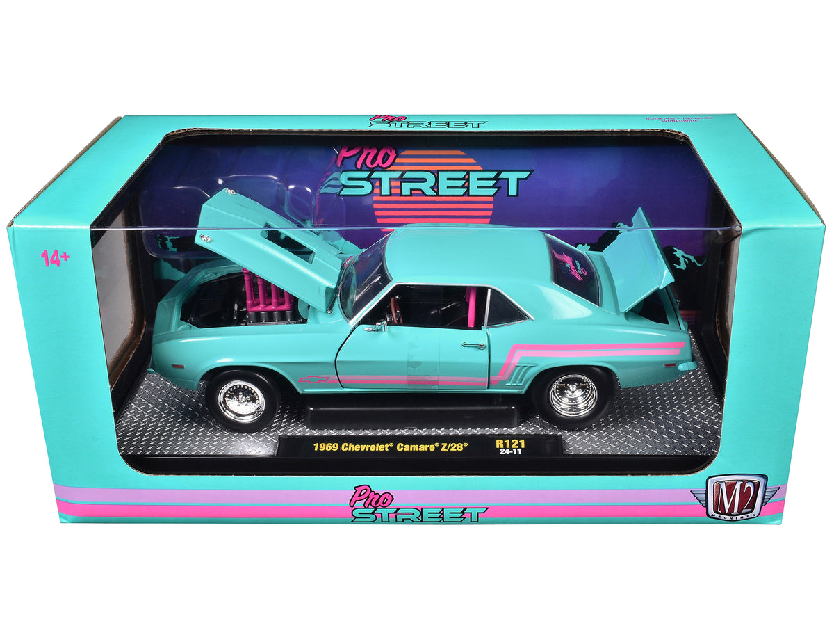 1969 Chevrolet Camaro Z/28 Light Blue Pink Stripes 1/24 Diecast Model Car - M2