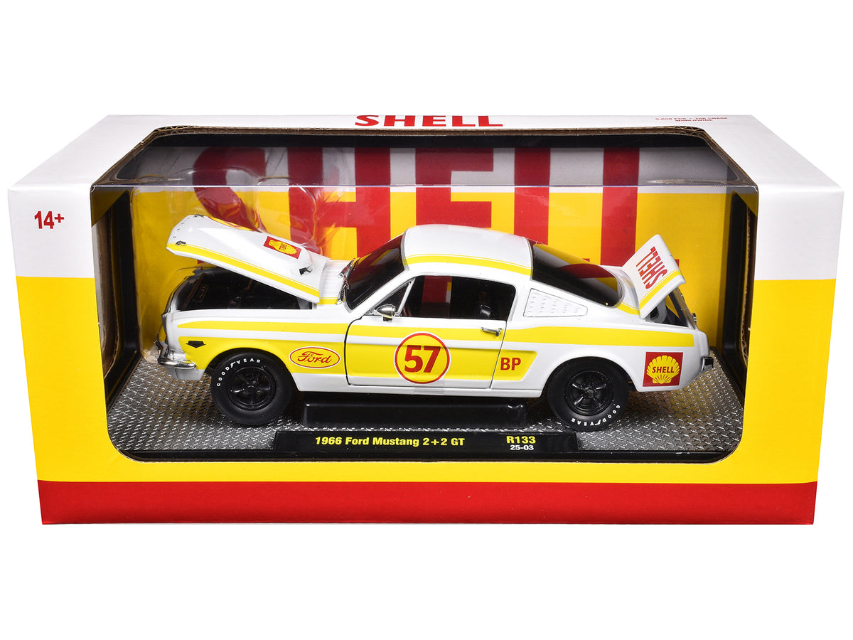 1966 Ford Mustang 2+2 GT #57 White Yellow 1/24 Diecast Model Car - M2