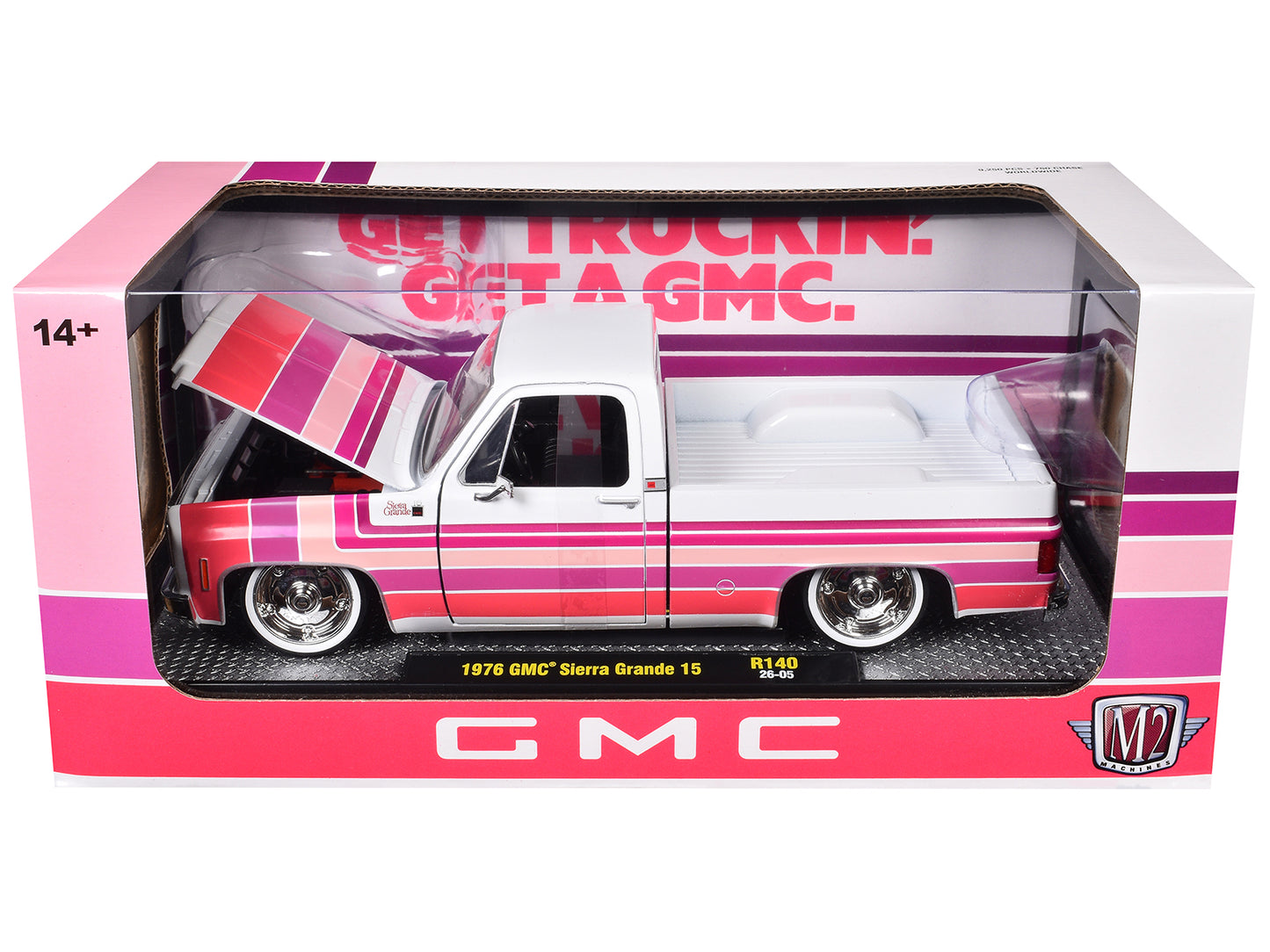 1976 GMC Sierra Grande 15 Pickup Truck White with Stripes Limited Edition to 9250 pieces Worldwide 1/24 Diecast Model Car by M2 Machines
