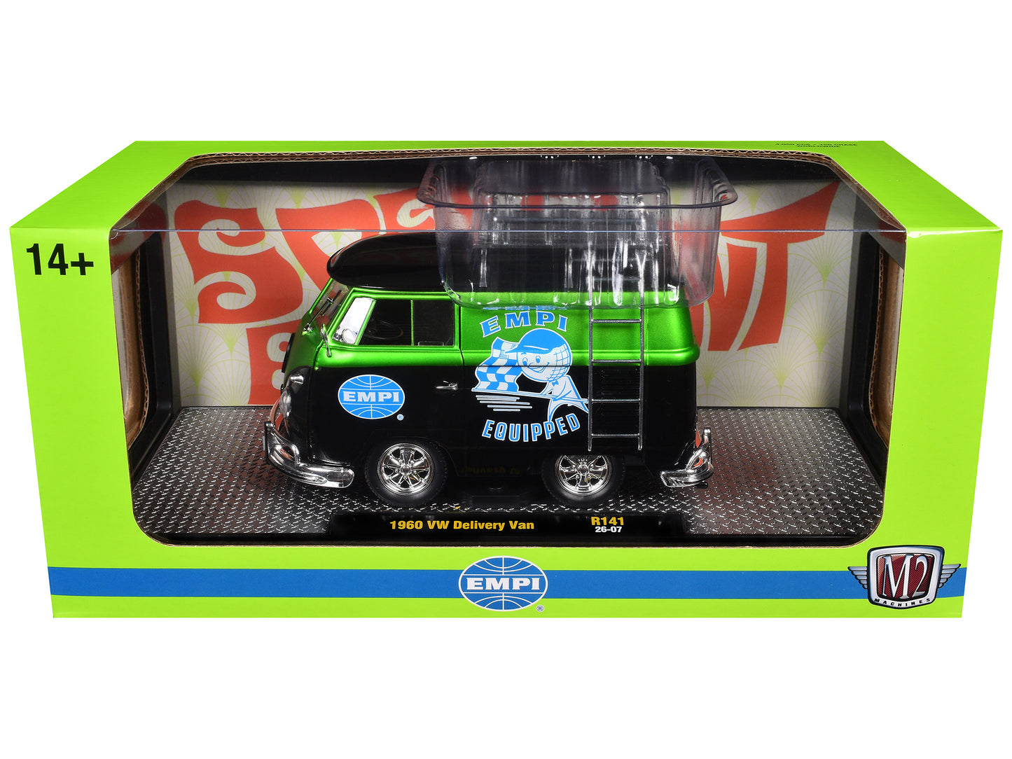 1960 Volkswagen Delivery Van "EMPI Equipped" Black and Green Metallic with Roof Rack and Ladder Limited Edition to 4050 pieces Worldwide 1/24 Diecast Model Car by M2 Machines