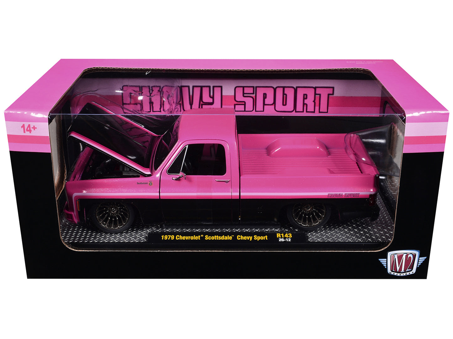 1979 Chevrolet Scottsdale Pickup Truck "Chevy Sport" Pink and Black Limited Edition to 6250 pieces Worldwide 1/24 Diecast Model Car by M2 Machines