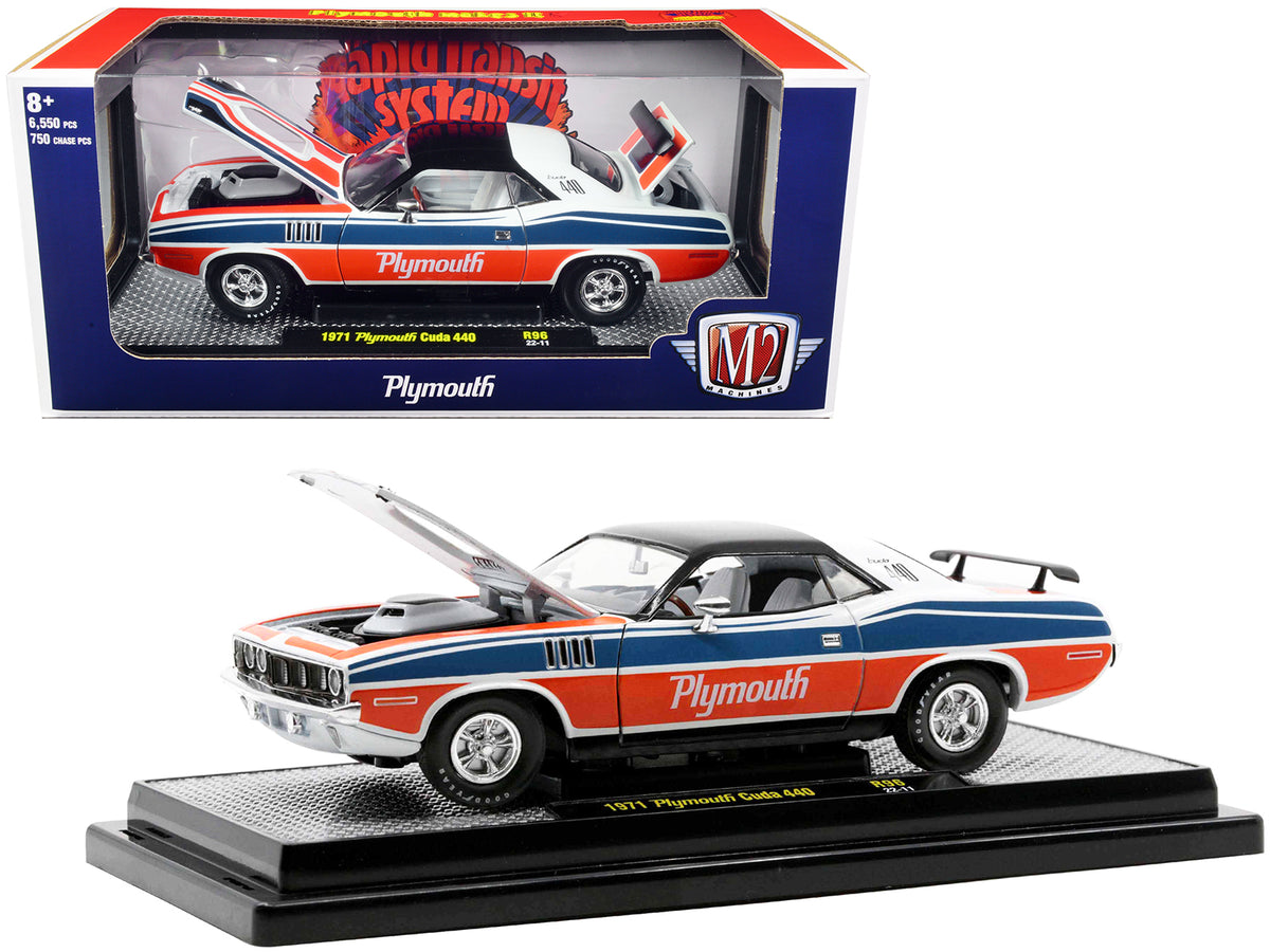 1971 Plymouth Barracuda 440 Pearl White Blue Red 1/24 Diecast Model Car - M2