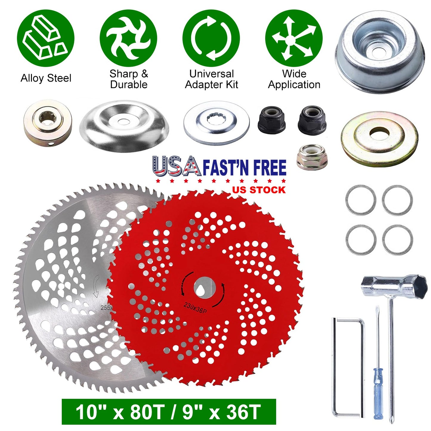 10" X 80T 9" 36T Carbide Tip Brush Cutter Blades With Universal Adapter Kit All