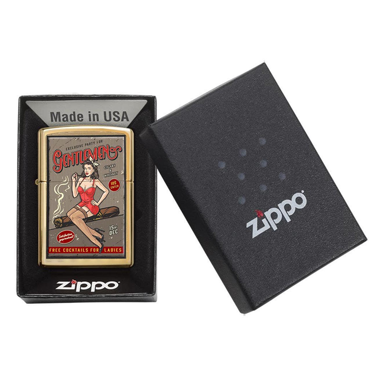 *48267VINTAGE* Zippo 81675 Windproof Lighter Pin-up Girl "Whiskey and Cigars Party" Street Brass