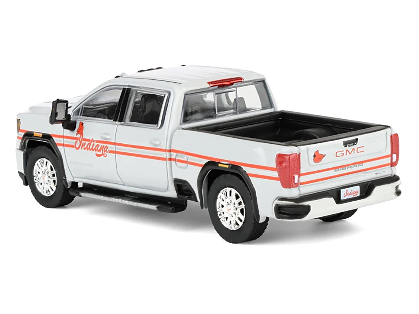 GreenLight 2022 GMC Sierra 3500 HD Pickup Truck "Indiana Cardinals" Silver Metallic with Red Stripes and Cardinal Figure "2025 Waltersons Collector's Expo Exclusive" 1/64 Diecast Model Car by Collecti