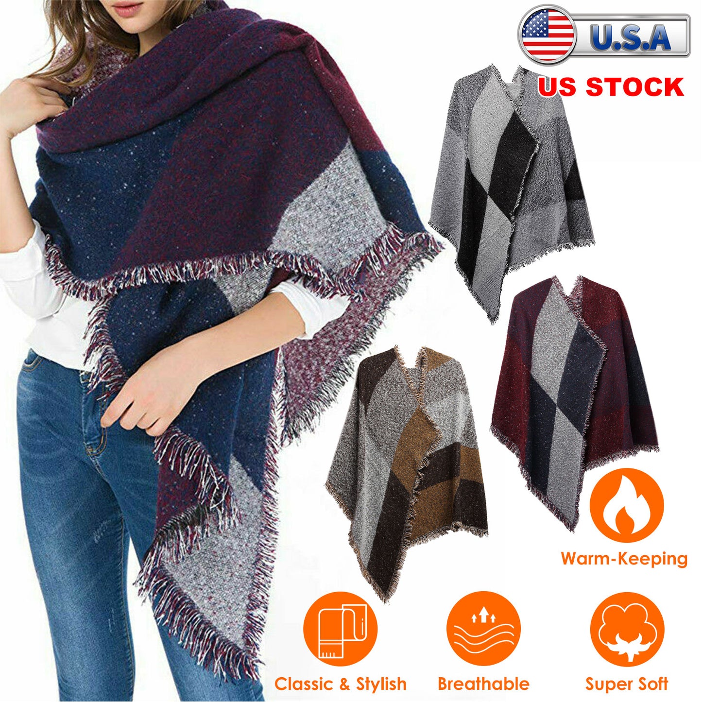 Women Winter Warm Scarf 74.8X25.6In Long Soft Knitted Shawl Extra Thick Plaid B