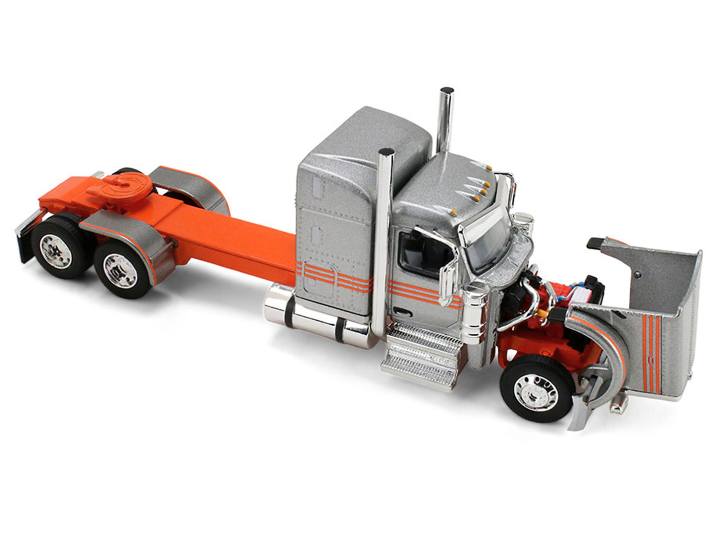 Peterbilt 589 with 58" Mid-Roof Sleeper and 50' Wilson Pacesetter Grain Trailer Silver Metallic with Orange Stripes 1/64 Diecast Model by DCP/First Gear