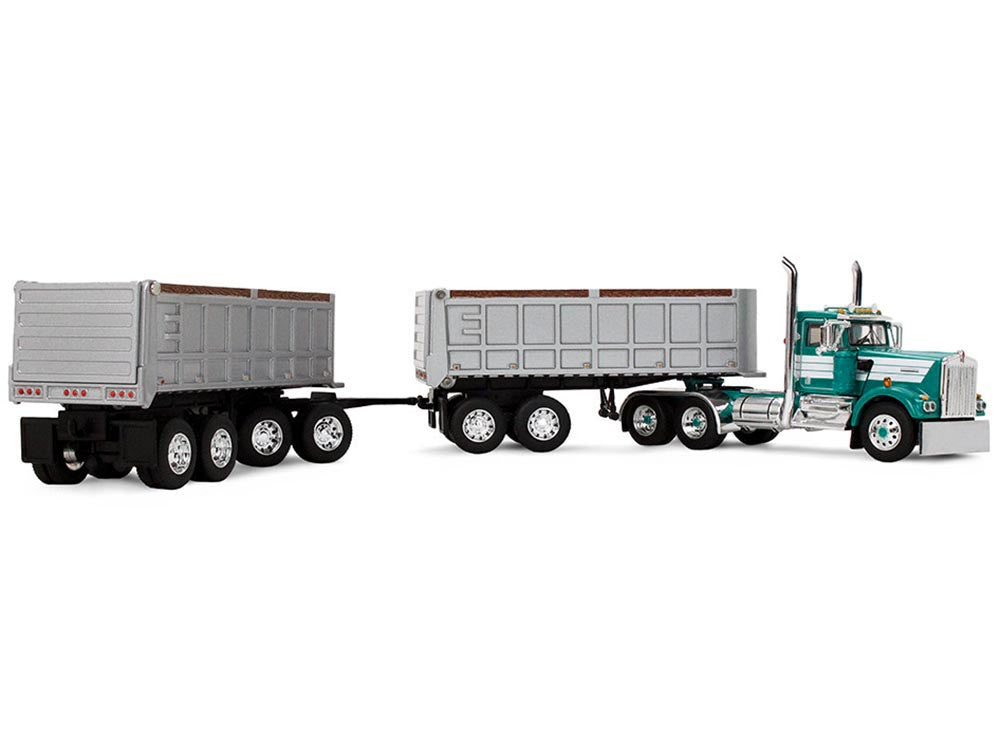 Kenworth W900A Day Cab with 22' Dual End Dump Trailers Turquoise with White Stripes 1/64 Diecast Model by DCP/First Gear
