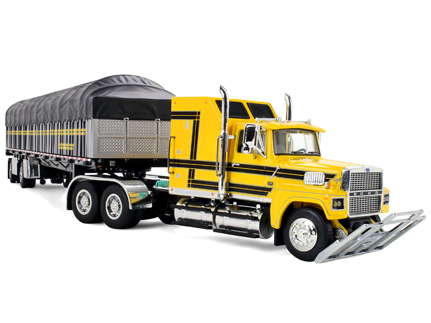 Ford LTL 9000 with 60" Aerodyne Sleeper and 53' Wilson Roadbrute Flatbed Trailer with Covered Wagon Yellow with Black Stripes 1/64 Diecast Model by DCP/First Gear