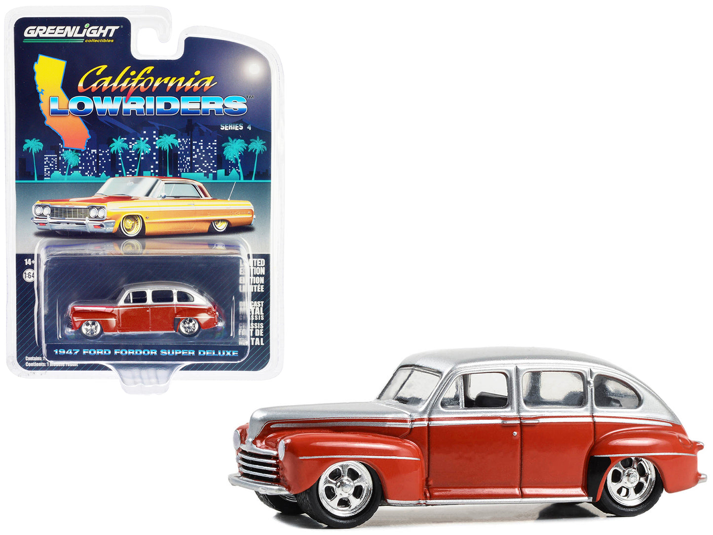 GreenLight 1947 Ford Fordor Super Deluxe Lowrider Red and Silver Metallic "California Lowriders" Series 4 1/64 Diecast Model Car by <h2>1947 Greenlight</h2> <p>High-quality perfect for collectors enth