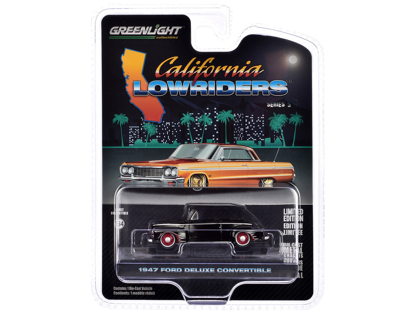 GreenLight 1947 Ford Deluxe Convertible Lowrider Black wit h Red Graphics "California Lowriders" Series 5 1/64 Diecast Model Car by <h2>1947 Greenlight</h2> <p>High-quality perfect for collectors and