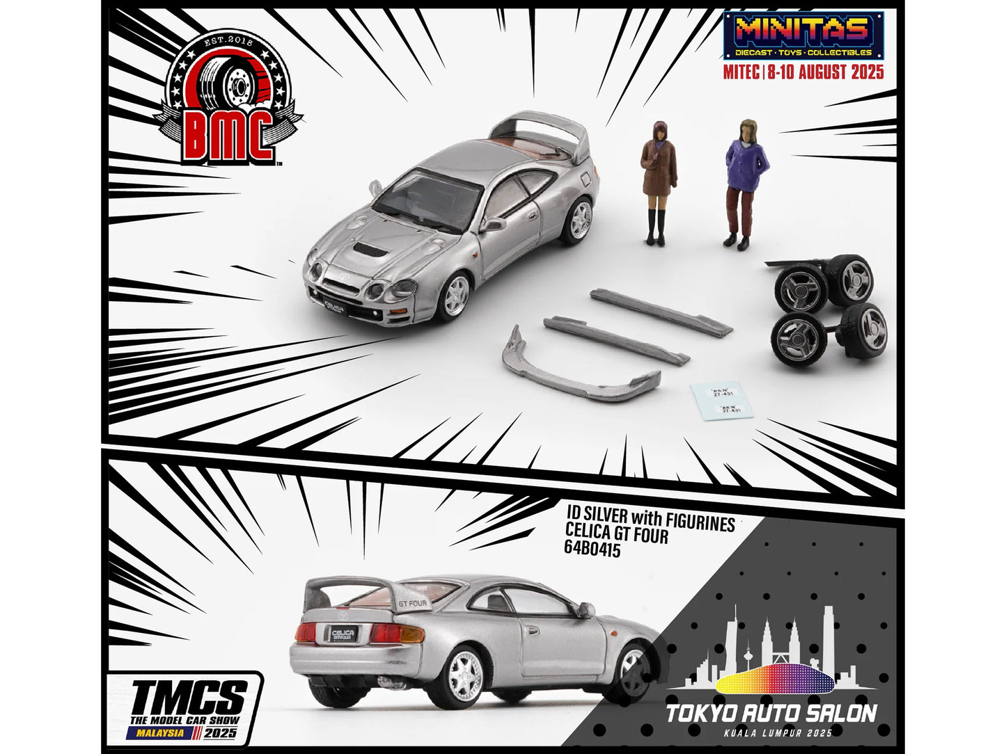 Toyota Celica GT-Four RHD (Right Hand Drive) ID Silver Metallic with 2 Figures and Accessories 1/64 Diecast Model Car by BM Creations