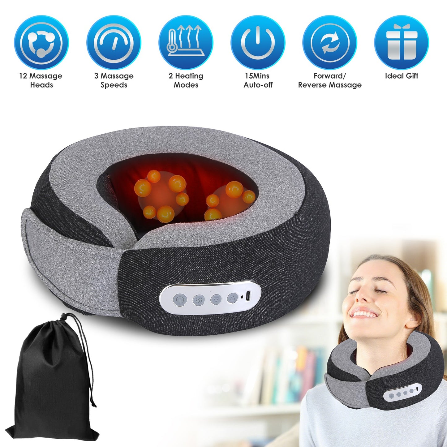 2 In 1 Neck Massager Pillow With Heat Electric Memory Foam Travel Shiatsu 3 Spe
