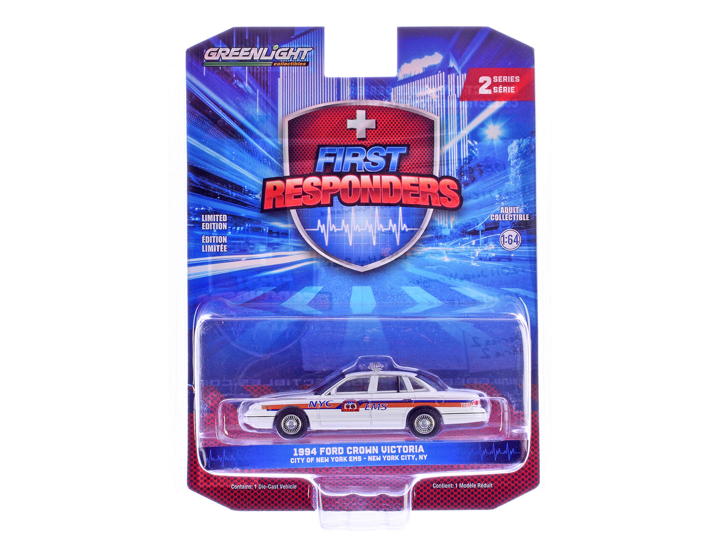 GreenLight 1994 Ford Crown Victoria "NYC EMS (City of New York Emergency Medical Service)" White with Blue and Red Stripes "First Responders" Series 2 1/64 Diecast Model Car by <h2>1994 Greenlight</h2