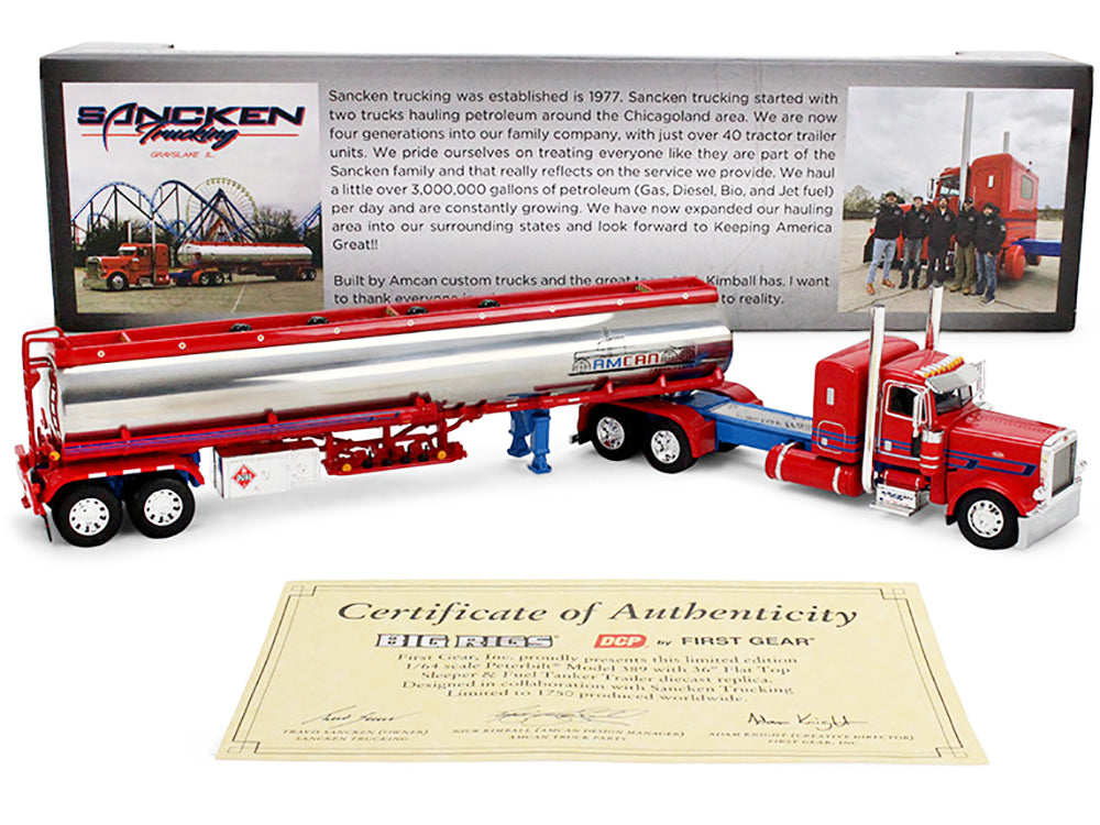 Peterbilt 389 with 36" Flat Top Sleeper and Heil Fuel Tank Trailer "Sancken Custom Truck by Amcan" Red "Big Rigs" Series II #3 1/64 Diecast Model by DCP/First Gear