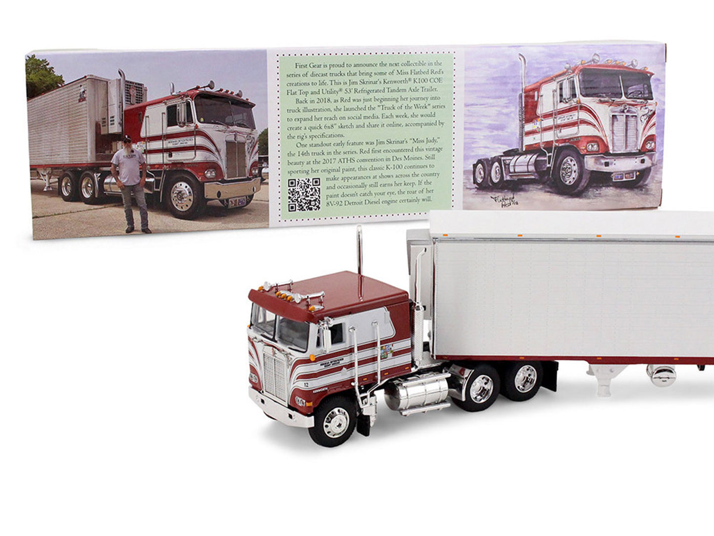 Kenworth K100 COE Flat Top and 53' Utility Trailer with Reefer "Red's Favorites - Jim Skrinar" Red with White Stripes 1/64 Diecast Model by DCP/First Gear