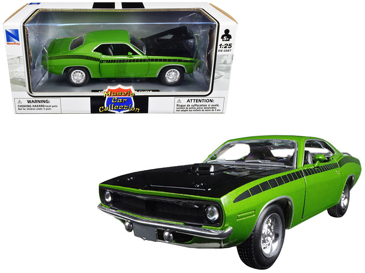 1970 Plymouth Barracuda Green Black Hood 1/25 Diecast Model Car - New Ray