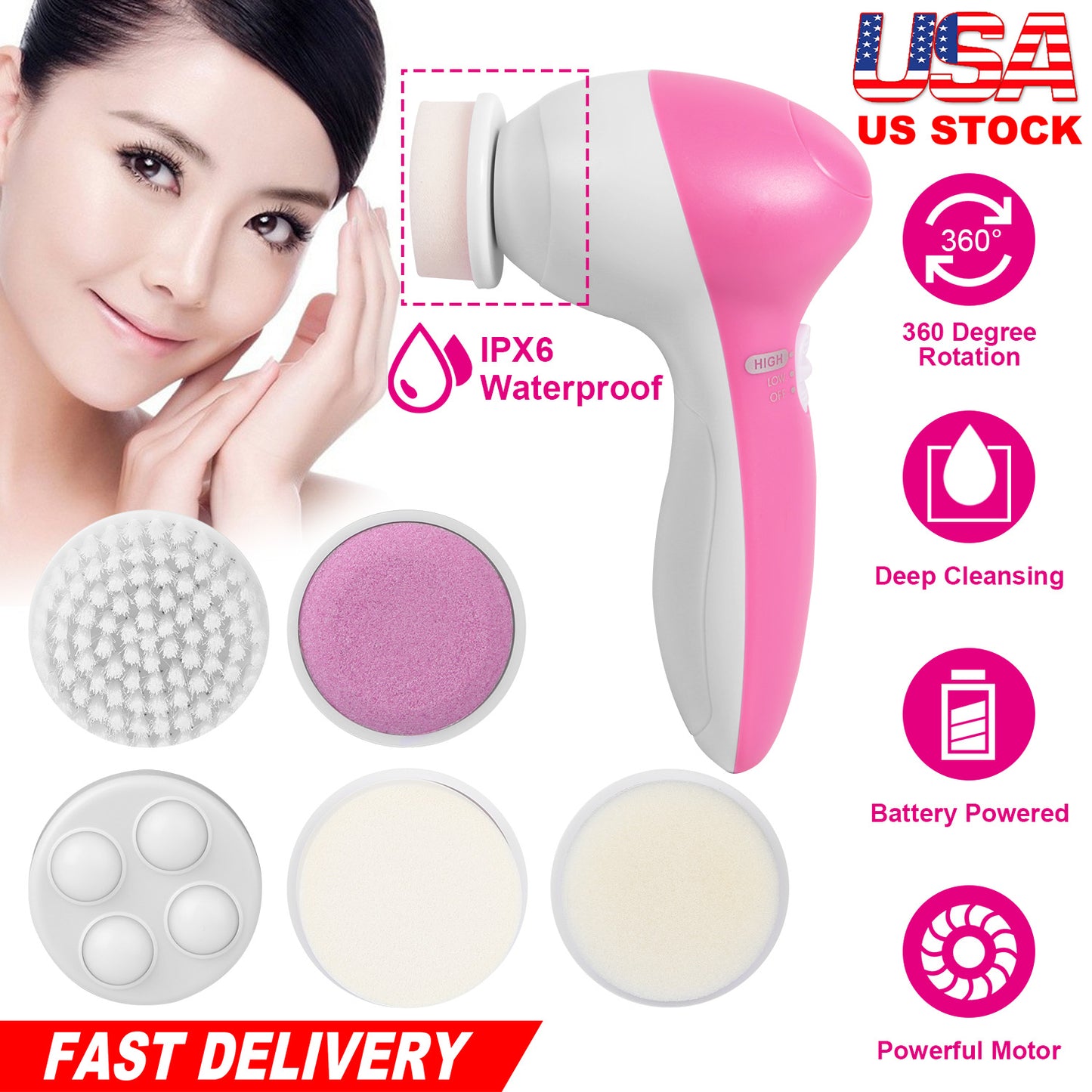 Facial Cleansing Brush Waterproof Face Spin Cleaning With 5 Heads Deep Body Set