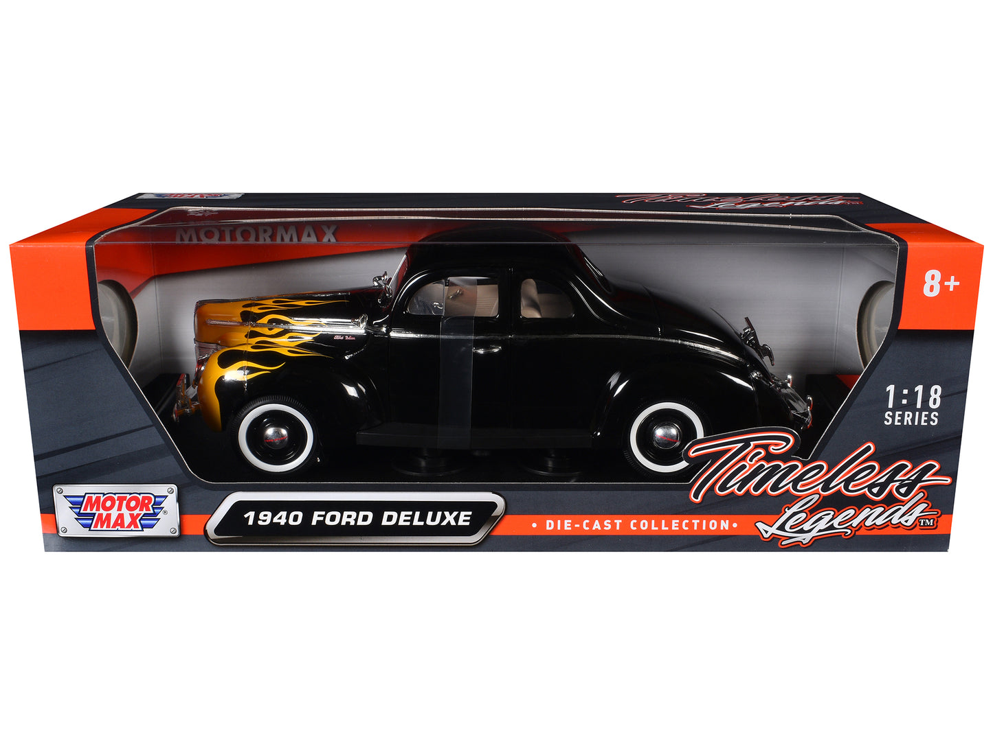 1940 Ford Deluxe Black with Yellow Flames "Timeless Classics" 1/18 Diecast Model Car by Motormax