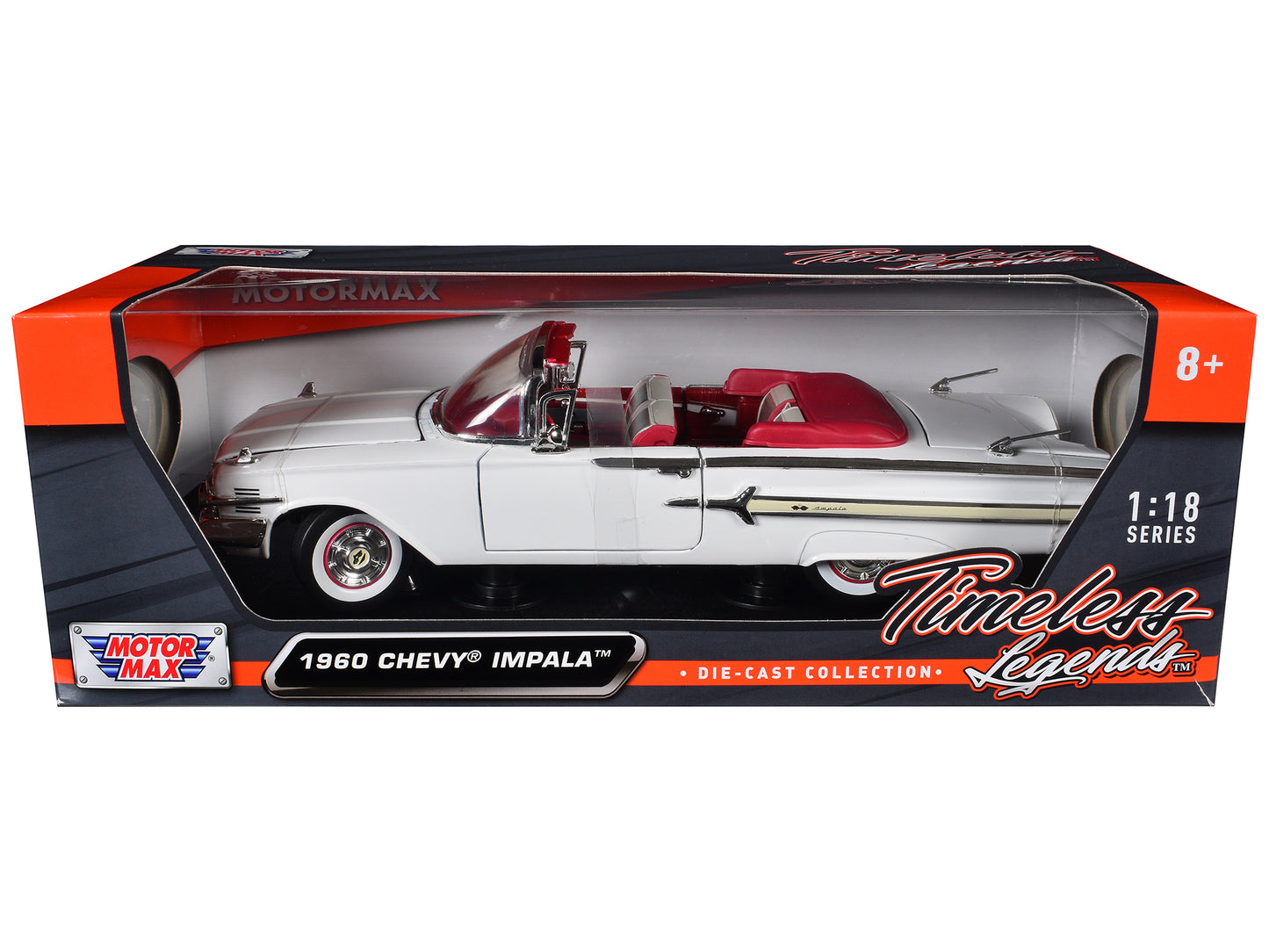 1960 Chevrolet Impala Convertible White with Red Interior 1/18 Diecast Model Car by Motormax