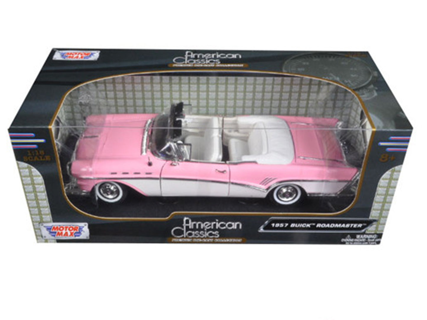 1957 Buick Roadmaster Convertible Pink and White 1/18 Diecast Model Car by Motormax