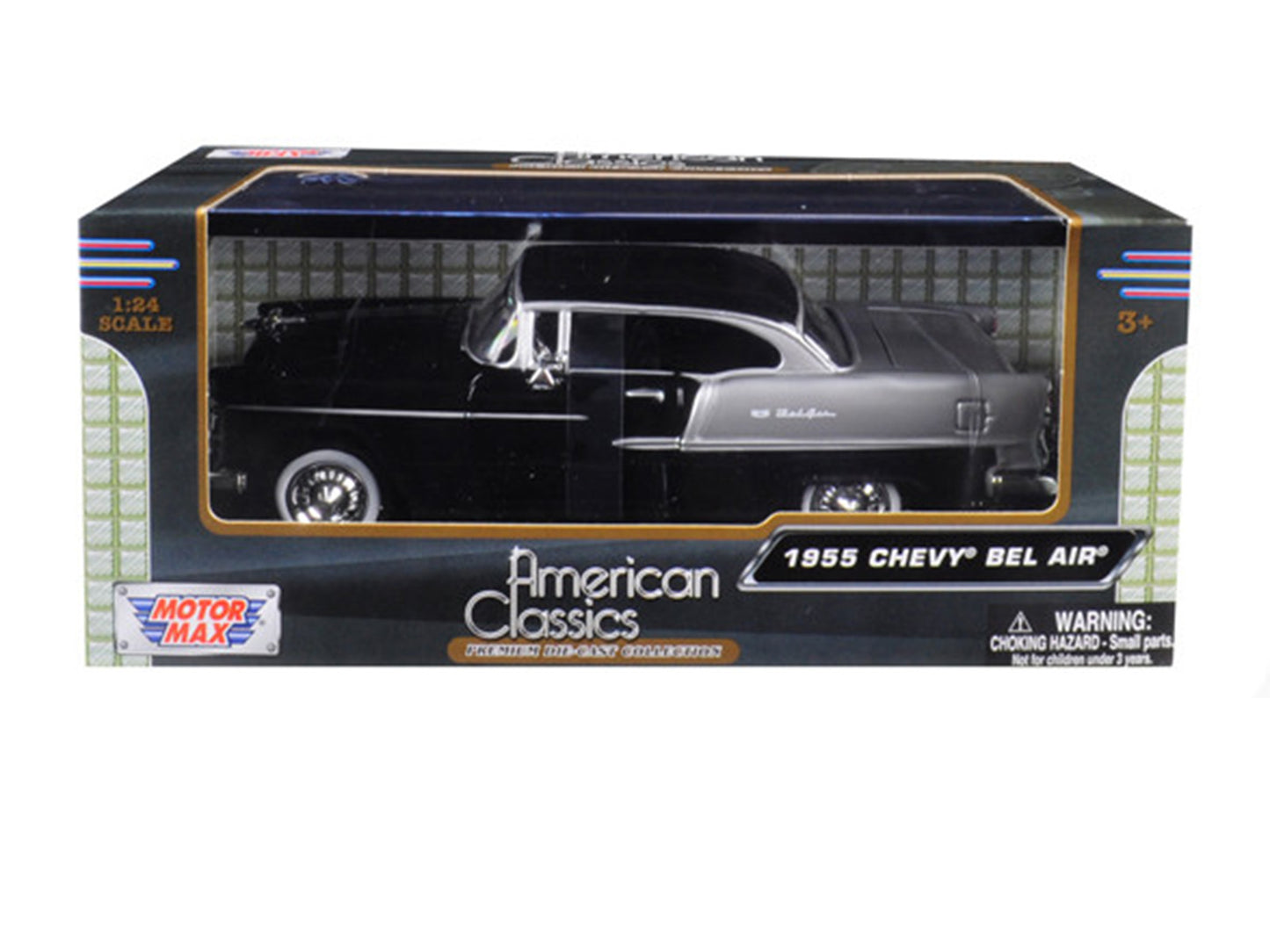 1955 Chevrolet Bel Air Black and Silver 1/24 Diecast Model Car by Motormax