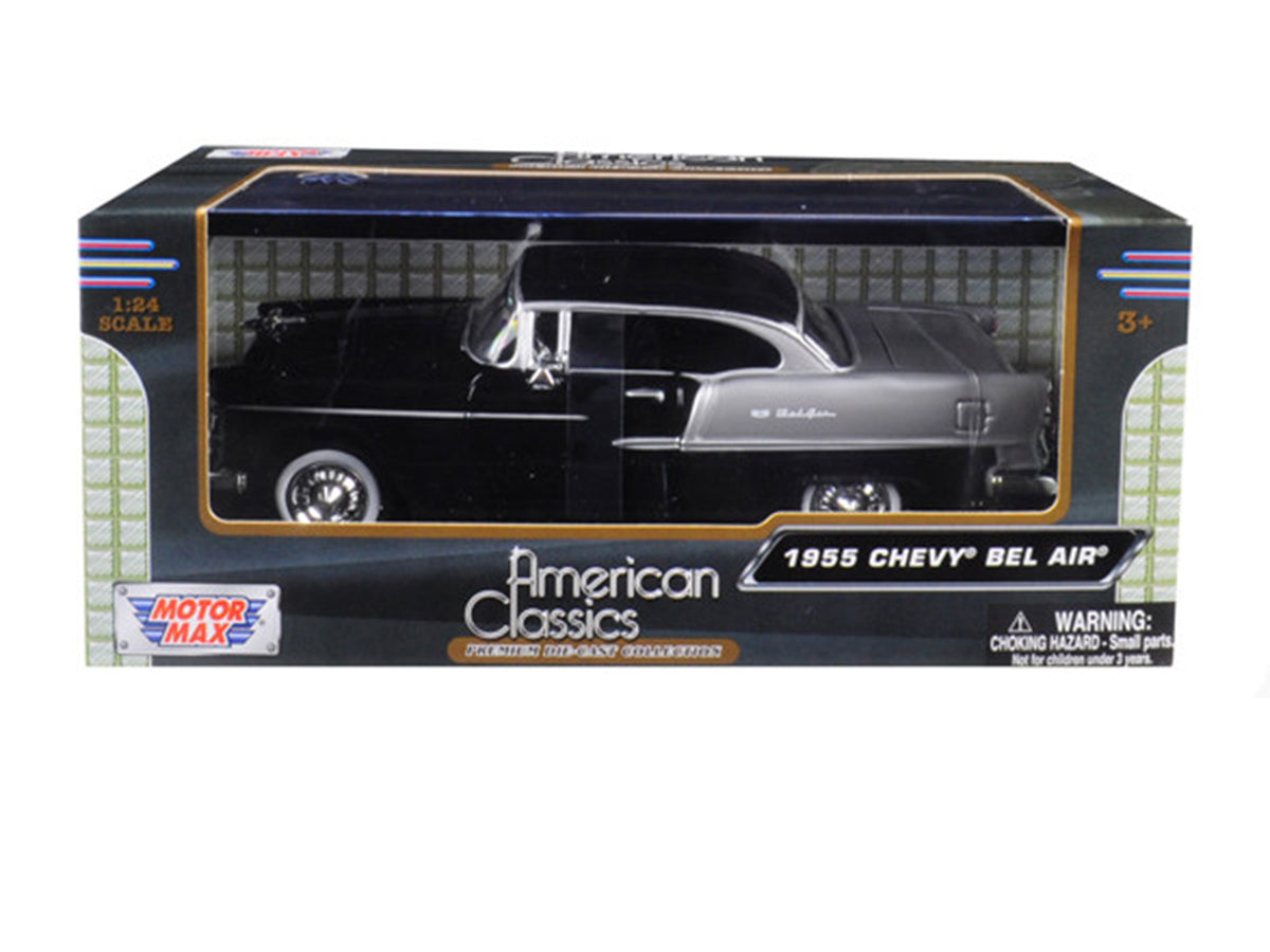 1955 Chevrolet Bel Air Black and Silver 1/24 Diecast Model Car - Motormax
