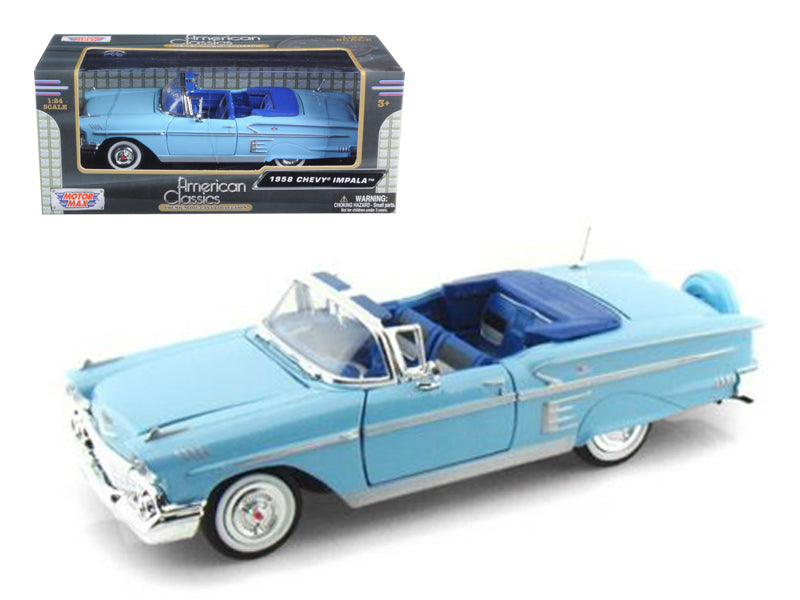 1958 Chevrolet Impala Convertible Blue 1/24 Diecast Model Car by Motormax <h2>1958 Motormax</h2> <p>High-quality perfect for collectors and enthusiasts. Features detailed interior exterior craftsmansh