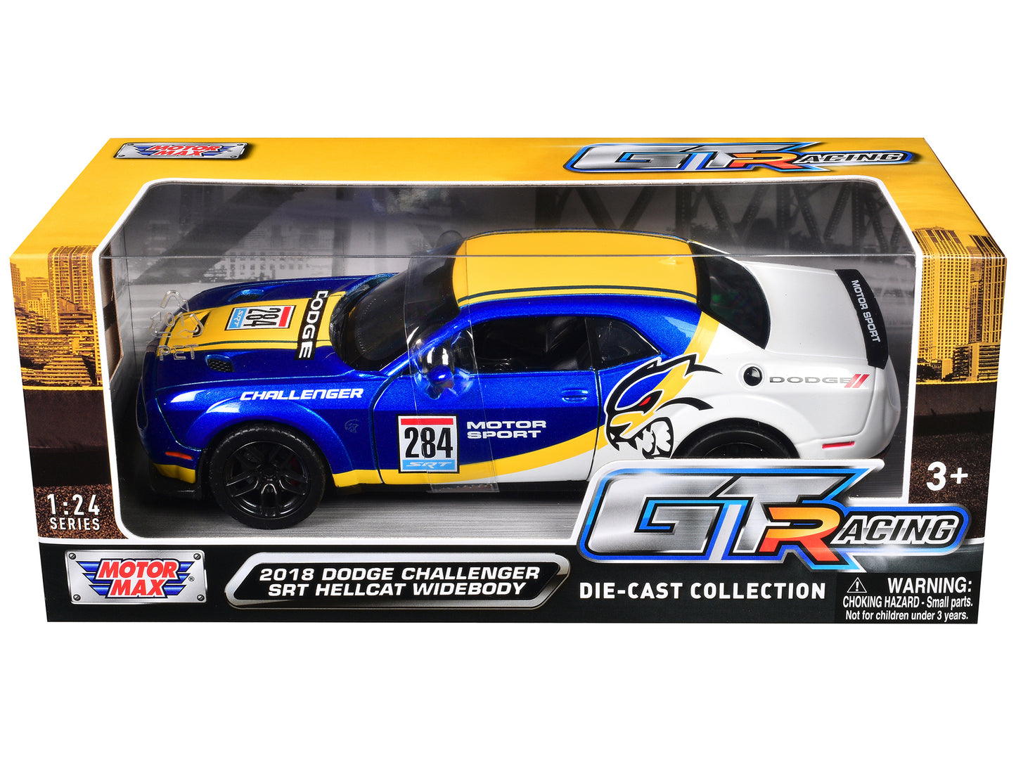 2018 Dodge Challenger SRT Hellcat Widebody #284 Blue Metallic and White with Yellow Graphics "GT Racing" Series 1/24 Diecast Model Car by Motormax <h2>2018 Motormax</h2> <p>High-quality perfect for co