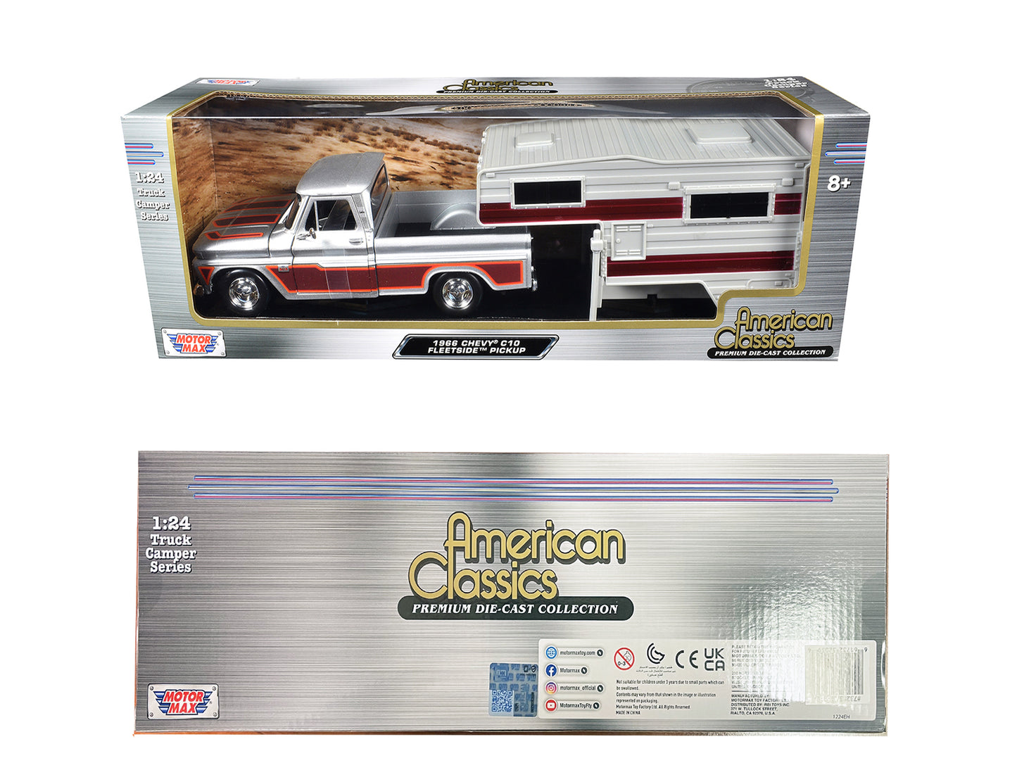 1966 Chevrolet C10 Fleetside Pickup Truck Silver Metallic with Brown Sides Camper Shell "American Classics" Series 1/24 Diecast Model Car by Motormax <h2>1966 Motormax</h2> <p>High-quality perfect for
