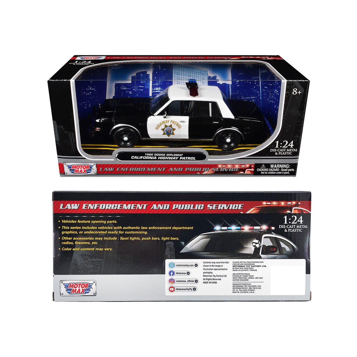 1986 Dodge Diplomat Police Car Black White 1/24 Diecast Model Car - Motormax