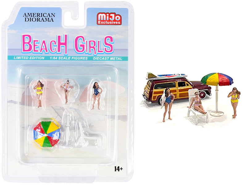 "Beach Girls" 5 piece Diecast Set (3 Figurines 1 Beach Chaise and Umbrella) for 1/64 Scale Models by American Diorama <h2>"Beach Diorama</h2> <p>High-quality model car perfect collectors enthusiasts.