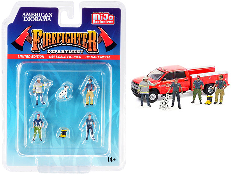 "Firefighter II" 6 piece Diecast Set (4 Figurines 1 Dog and Accessory) for 1/64 Scale Models by American Diorama <h2>"Firefighter Diorama</h2> <p>High-quality model car perfect collectors enthusiasts.