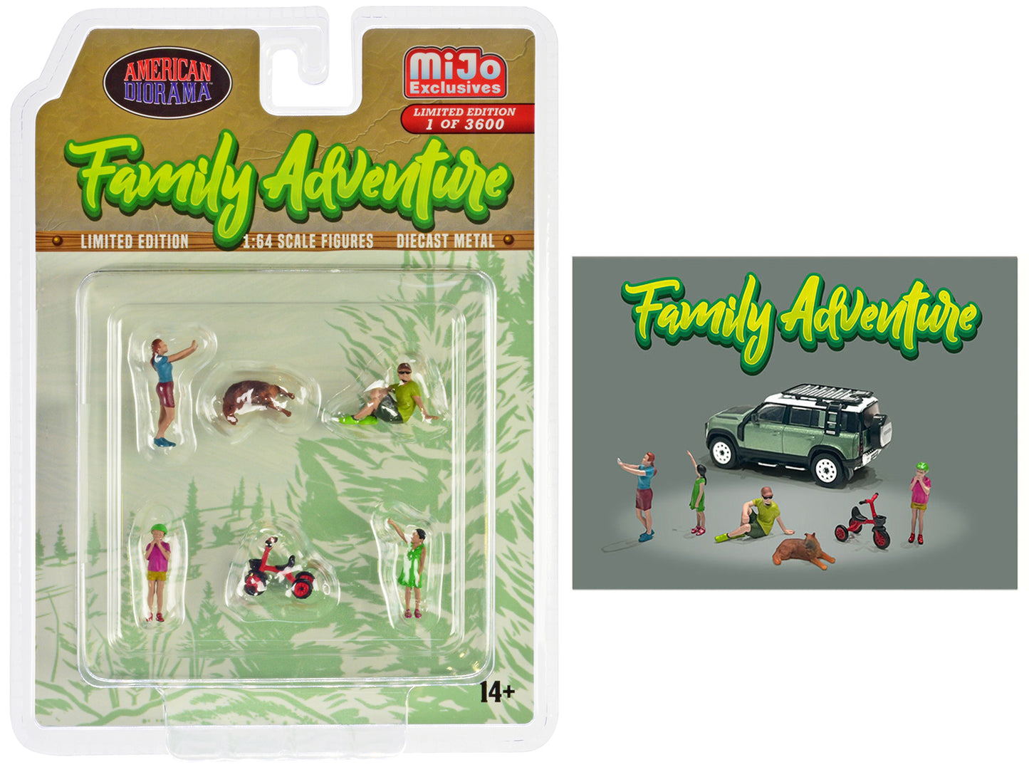 "Family Adventure" 6 piece Diecast Figure Set (4 Figures 1 Dog Tricycle) Limited Edition to 3600 pieces Worldwide 1/64 Scale Models by American Diorama <h2>"Family Diorama</h2> <p>High-quality model c