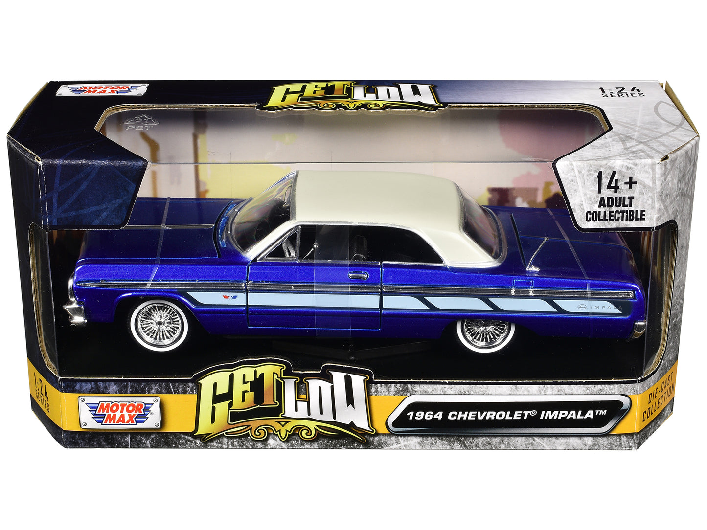 1964 Chevrolet Impala Lowrider Hard Top Candy Blue Metallic with Cream "Get Low" Series 1/24 Diecast Model Car by Motormax <h2>1964 Motormax</h2> <p>High-quality perfect for collectors and enthusiasts