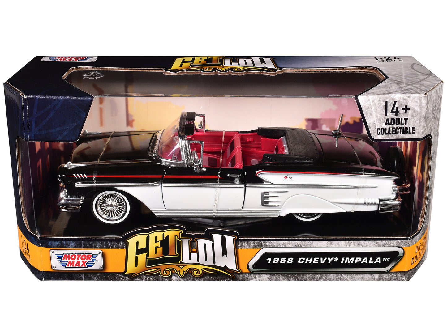 1958 Chevrolet Impala Convertible Lowrider Black and White with Red Interior "Get Low" Series 1/24 Diecast Model Car by Motormax <h2>1958 Motormax</h2> <p>High-quality perfect for collectors enthusias