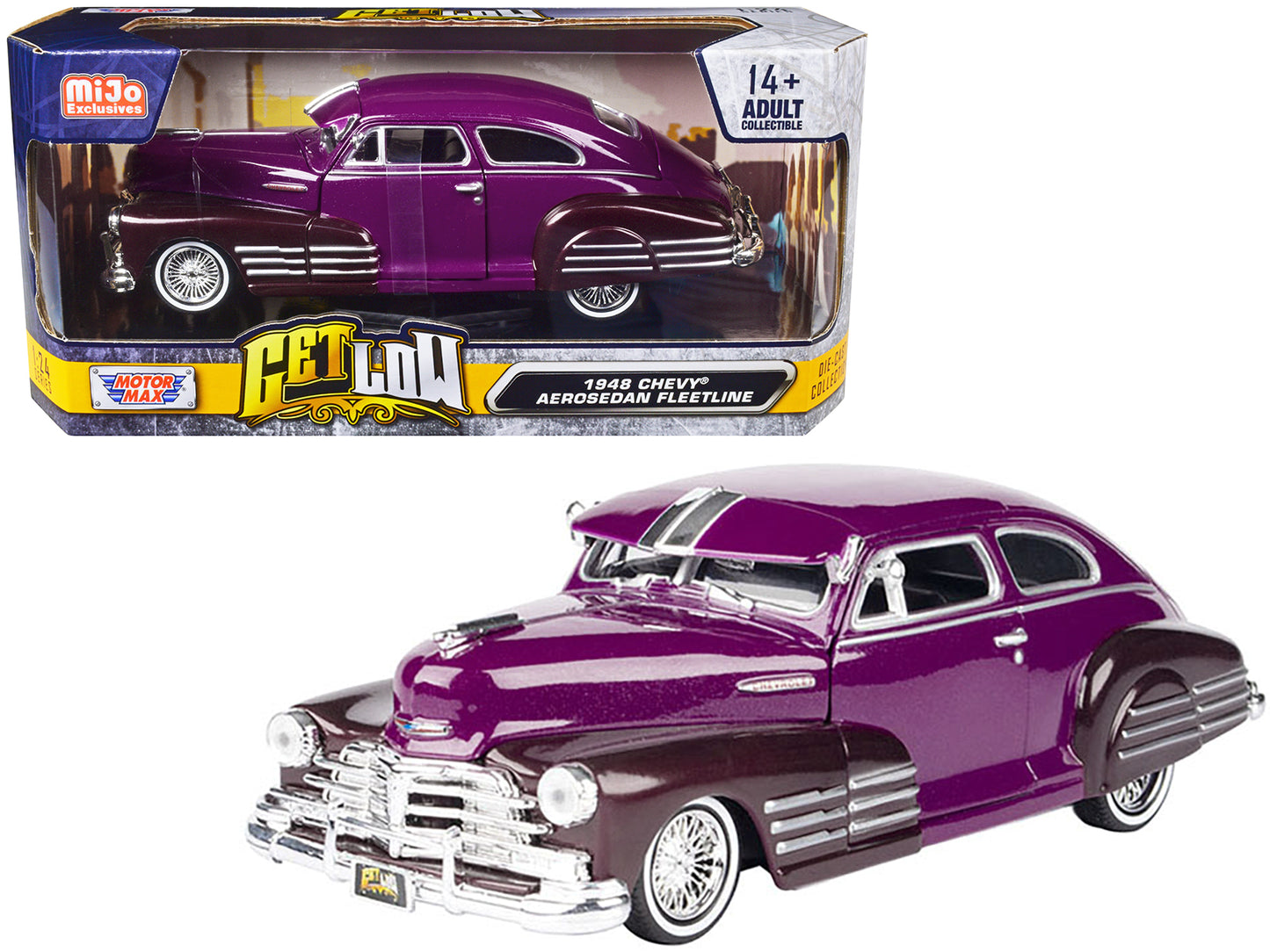 1948 Chevrolet Aerosedan Fleetside Lowrider Purple Metallic and Dark Two-Tone "Get Low" Series 1/24 Diecast Model Car by Motormax <h2>1948 Motormax</h2> <p>High-quality perfect for collectors enthusia