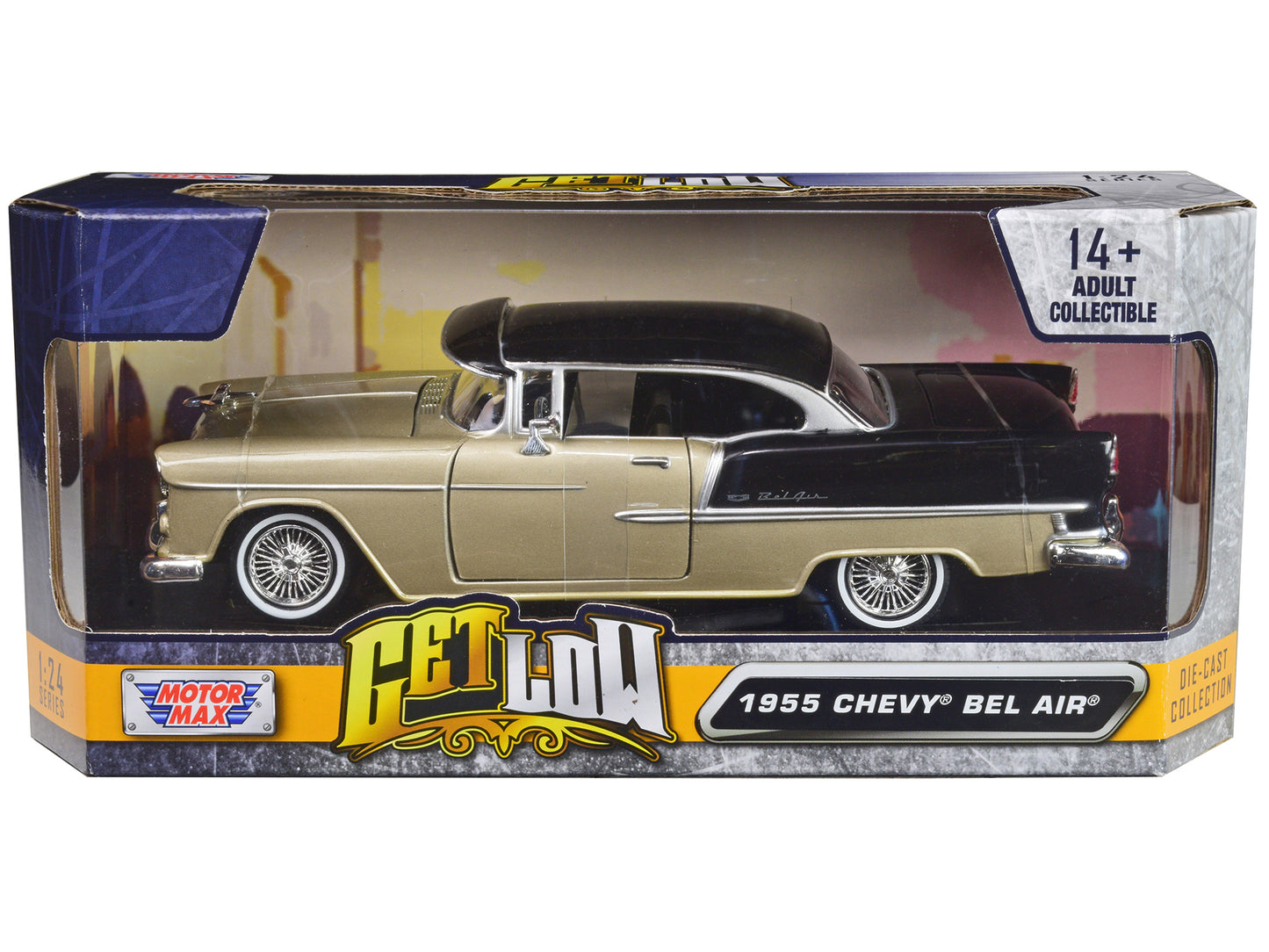 1955 Chevrolet Bel Air Lowrider Hard Top Beige Metallic and Black "Get Low" Series 1/24 Diecast Car Model by Motormax <h2>1955 Motormax</h2> <p>High-quality perfect for collectors enthusiasts. Feature