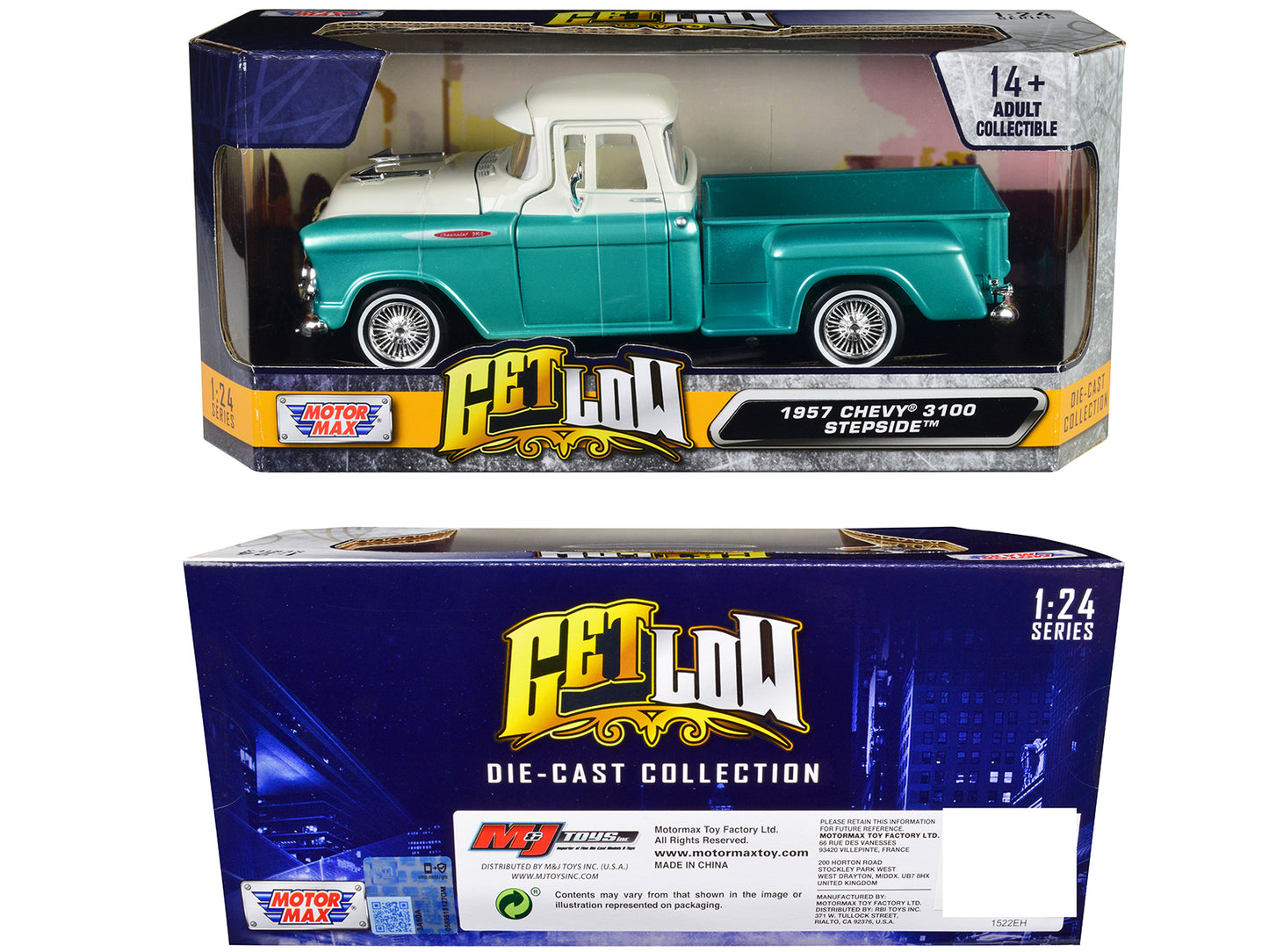 1957 Chevrolet 3100 Stepside Pickup Truck Lowrider Turquoise Metallic and White with Interior "Get Low" Series 1/24 Diecast Model Car by Motormax <h2>1957 Motormax</h2> <p>High-quality perfect for col