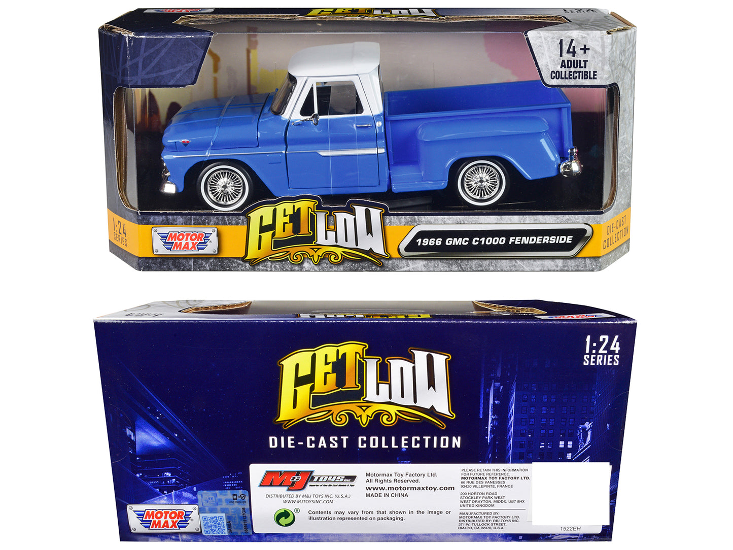 1966 GMC C1000 Fenderside Pickup Truck Lowrider Blue with White Top "Get Low" Series 1/24 Diecast Model Car by Motormax <h2>1966 Motormax</h2> <p>High-quality perfect for collectors and enthusiasts. F
