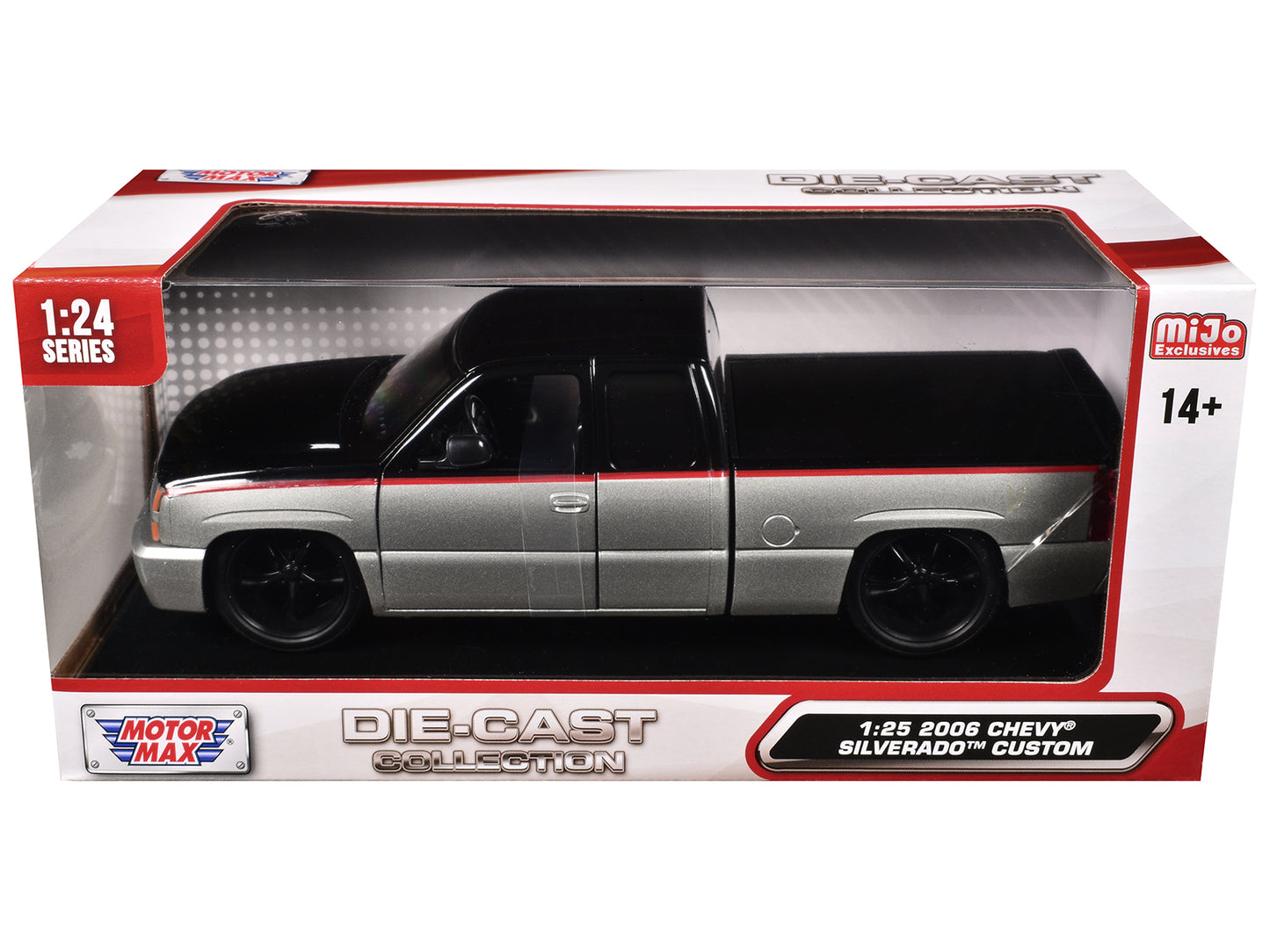 2006 Chevrolet Silverado Custom Pickup Truck Silver Metallic and Black with Red Stripes "Die-Cast Collection" Series 1/25 T&y Diecast Model Car by Motormax