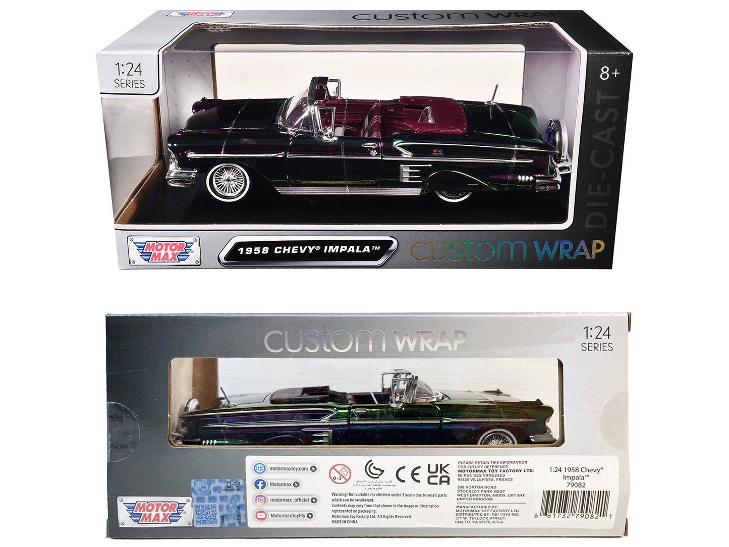 1958 Chevrolet Impala Green and Purple Chrome "Custom Wrap" Series 1/24 Diecast Model Car by Motormax <h2>1958 Motormax</h2> <p>High-quality perfect for collectors enthusiasts. Features detailed inter