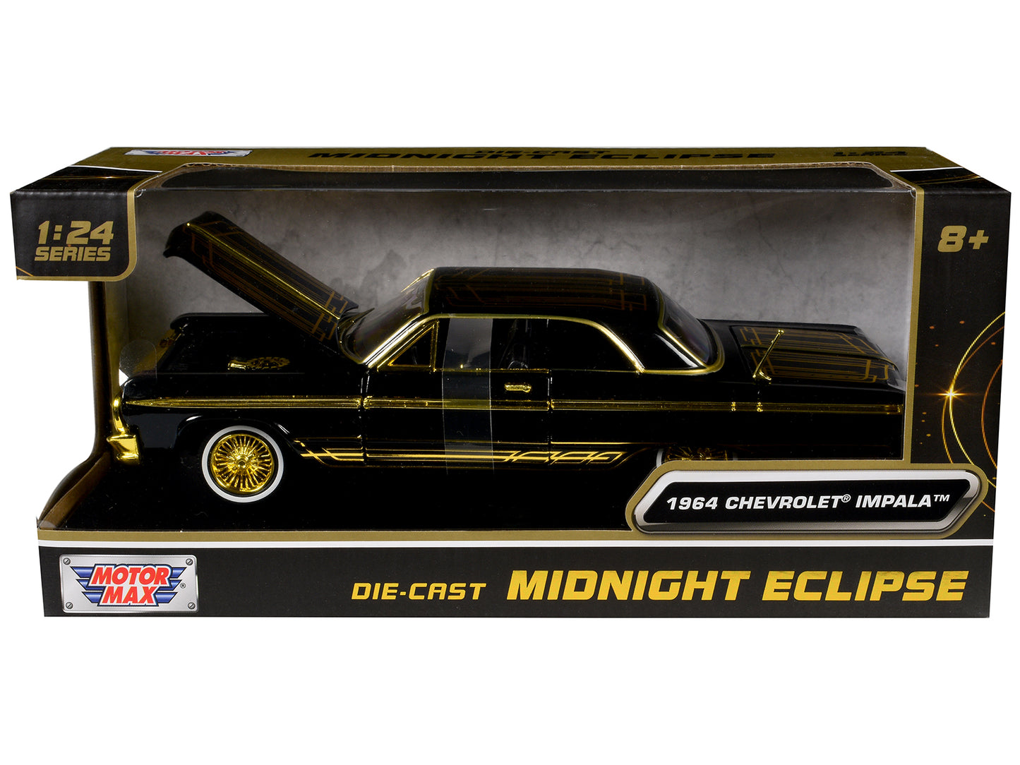 1964 Chevrolet Impala Lowrider Black with Gold Graphics and Wheels "Midnight Eclipse" Series 1/24 Diecast Model Car by Motormax <h2>1964 Motormax</h2> <p>High-quality perfect for collectors enthusiast
