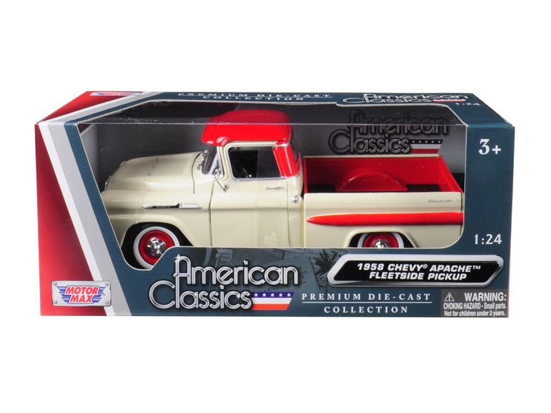 1958 Chevrolet Apache Fleetside Pickup Truck Cream with Red Top 1/24 Diecast Model Car by Motormax <h2>1958 Motormax</h2> <p>High-quality perfect for collectors and enthusiasts. Features detailed inte