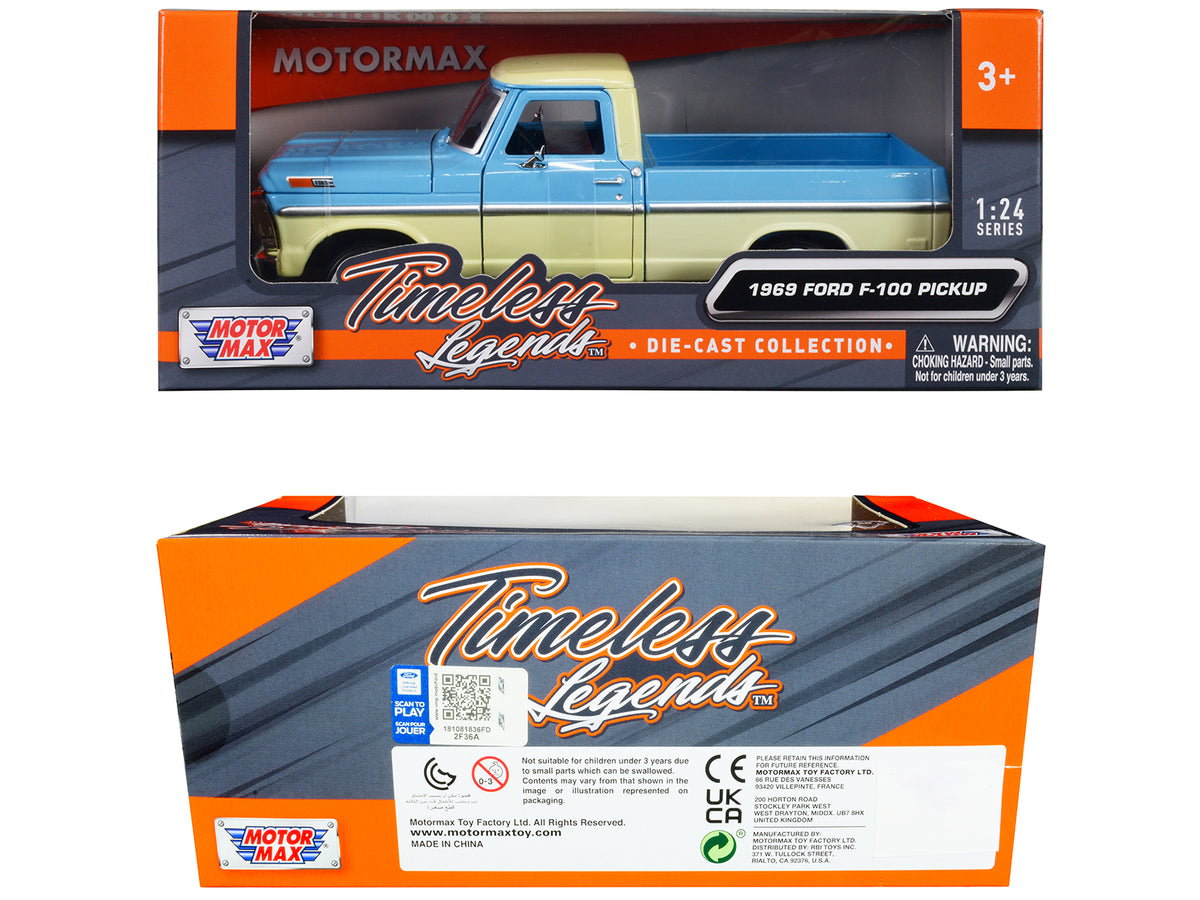 1969 Ford F-100 Pickup Truck Light Blue Cream 1/24 Diecast Model - Motormax